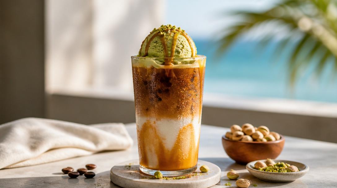 Ledové espresso na slaném karamelu s kopečkem pistáciové zmrzliny